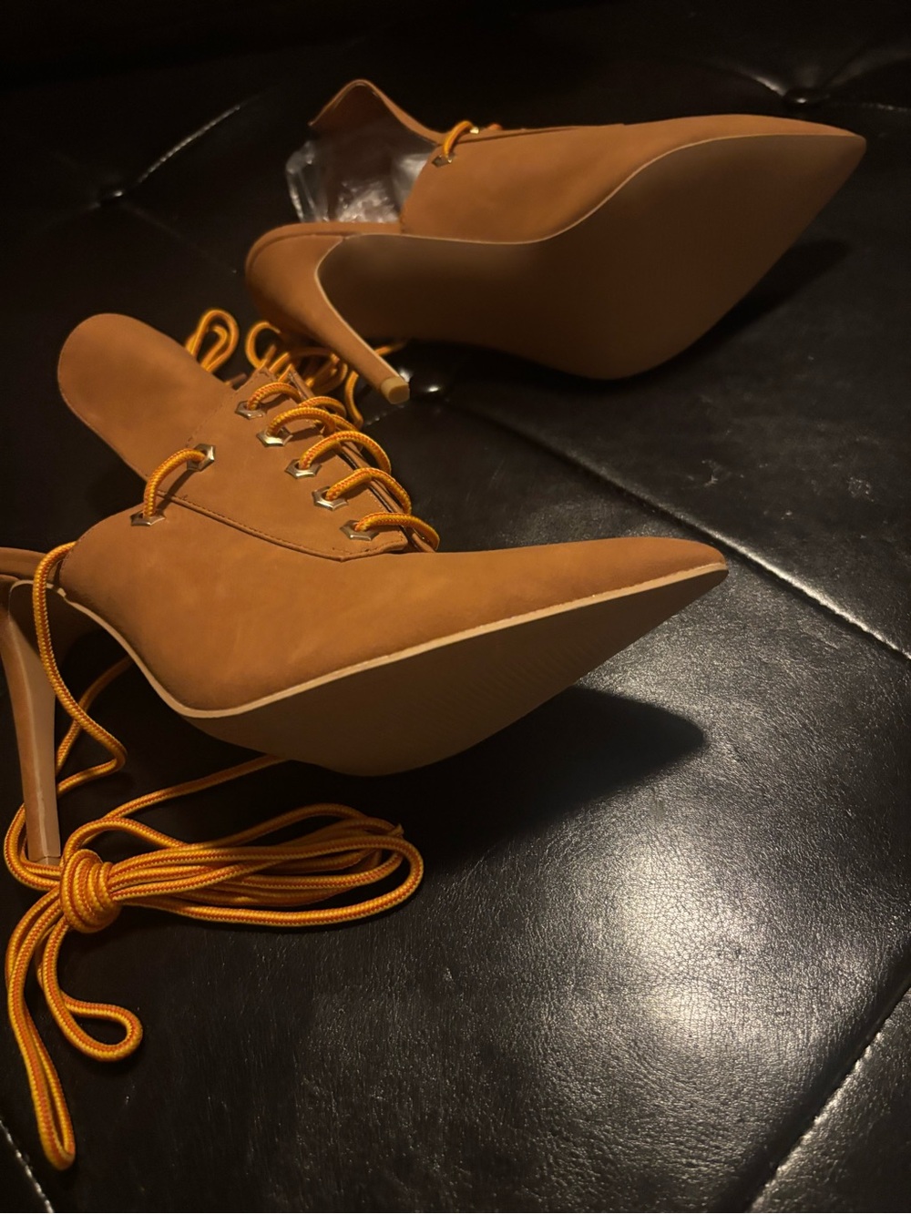 Fashion Nova Lace-Up Pointed Stiletto Heels in Camel